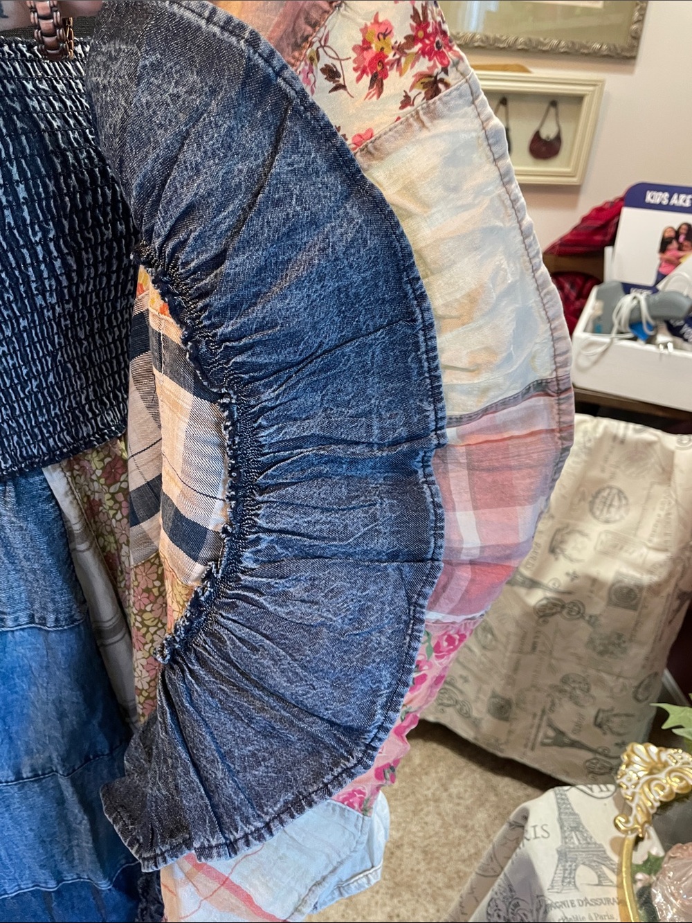 Smocked Denim Bohemian Patchwork Midi Dress in Blue Young Threads - Picture 14 of 17